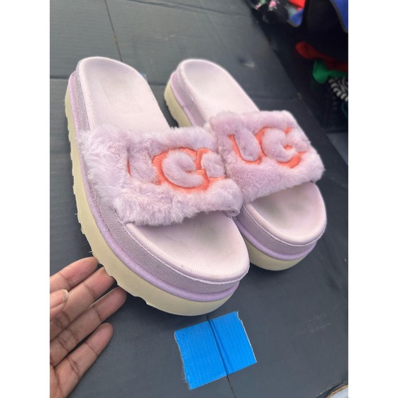 UGG Laton fluffy platform fur slides pink/purple shoes - Picture 3 of 11